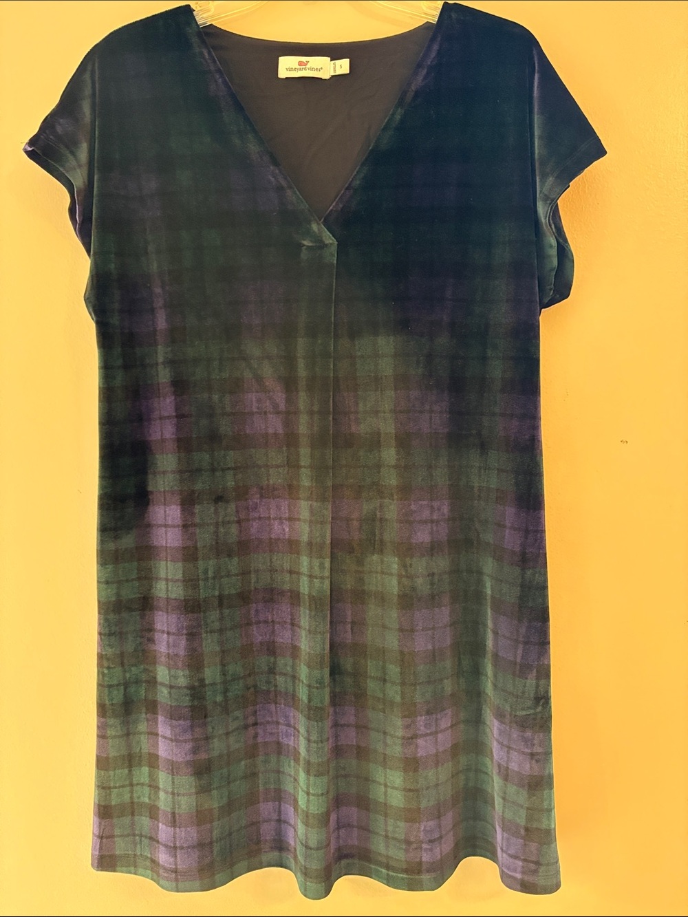 Vineyard Vines Velvet Plaid V-Neck Dress Size Small Green purple